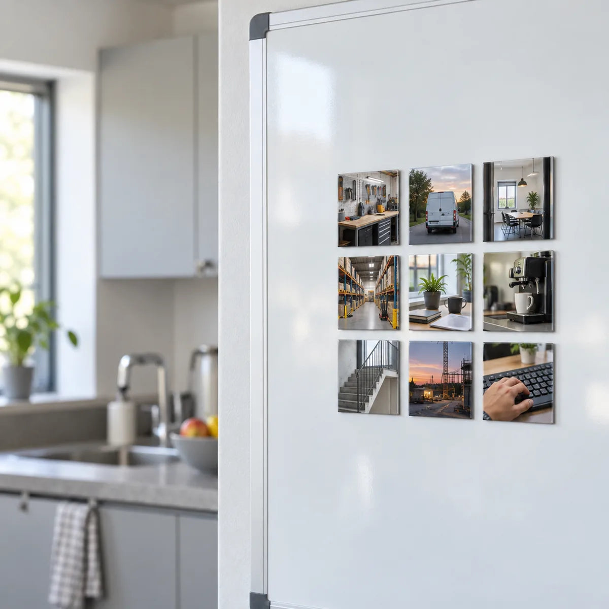 Neun Fotomagnete mit Firmenfotos im 3×3-Raster an einem Whiteboard in einer Büroküche