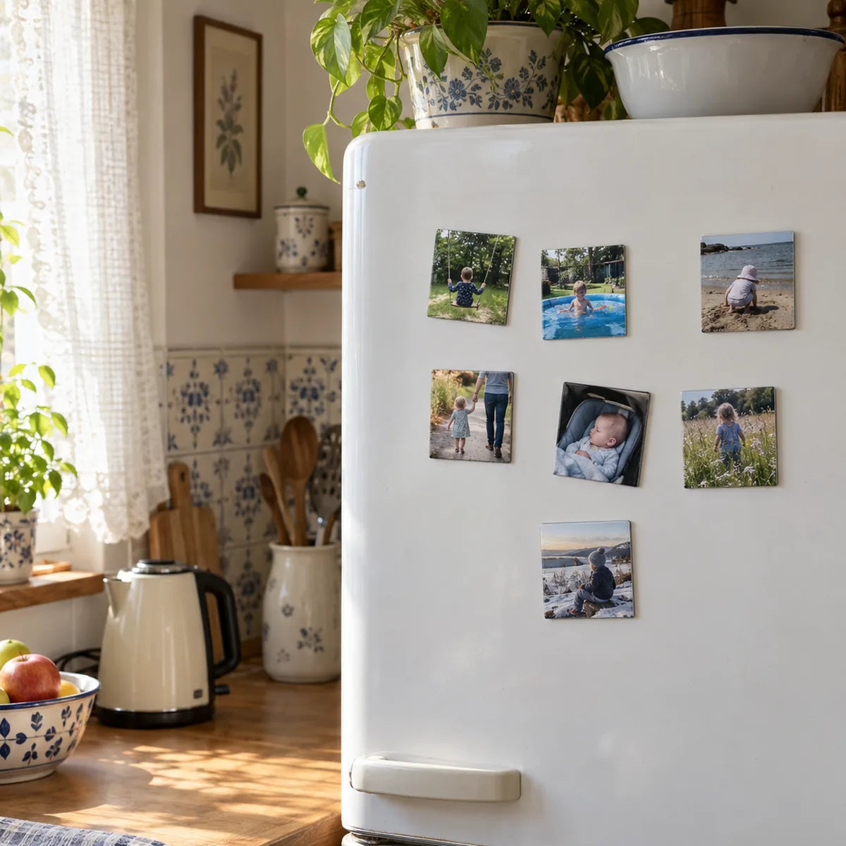 Sieben Fotomagnete mit Fotos der Enkelkinder an der Kühlschranktür einer älteren Küche